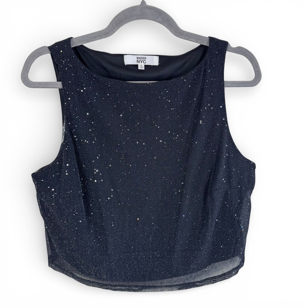 Madden NYC Women Black Metallic Shimmer Sparkle Crop Top Sleeveless Glitz Glam L